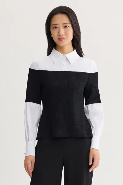 Ming Wang X Anna Marie Bedazzled Mixed Media Top In Black/white