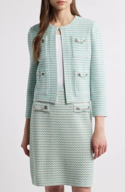 Ming Wang X Tanya Foster Heritage Fit Textured Stitch Knit Jacket In Limestone/emerald Awe/white