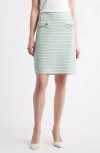 Ming Wang X Tanya Foster Tweed Pencil Skirt In Limestone/emerald Awe/white