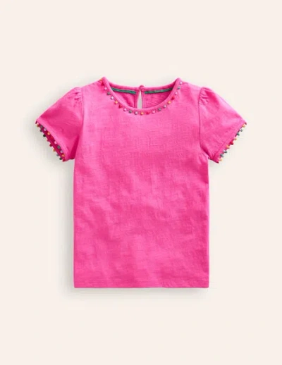 Mini Boden Kids' Ali Puff Sleeve Pom T-shirt Black Girls Boden In Pink