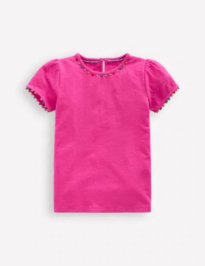 Mini Boden Kids' Ali Puff Sleeve Pom T-shirt Flamingo Pink Girls Boden