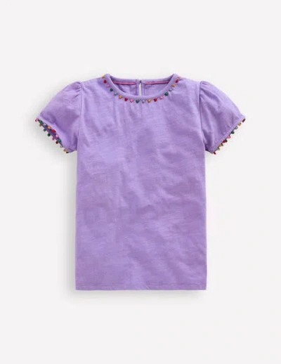 Mini Boden Kids' Ali Puff Sleeve Pom T-shirt Lavender Purple Girls Boden