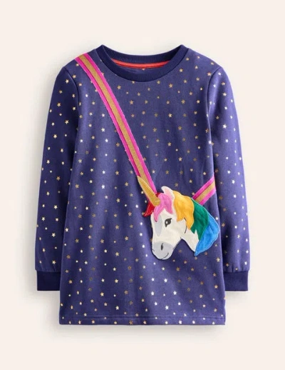 Mini Boden Kids' Appliqué Bag Tunic Starboard Blue Unicorn Girls Boden