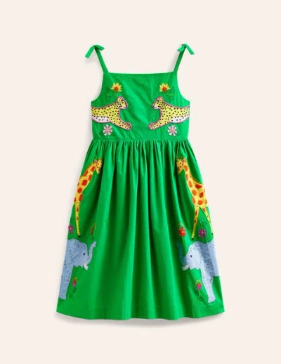 Mini Boden Kids' Appliqué Cotton Dress Sapling Green Safari Animals Girls Boden