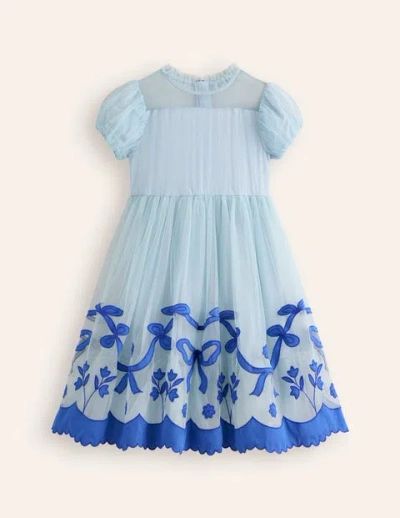 Mini Boden Kids' Appliqué Hem Tulle Dressvintage Blue Bows Girls Boden In Vintage Blue Bows