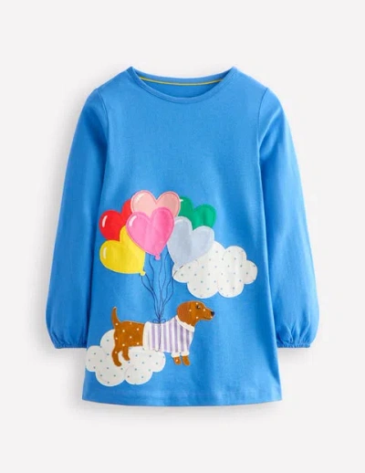 Mini Boden Kids' Appliqué Jersey Tunic Peacock Plume Blue Dog Girls Boden