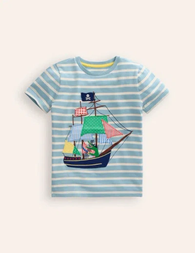 Mini Boden Kids' Appliqué Pirate Ship T-shirt Vintage Blue/ Ivory Stripe Boys Boden