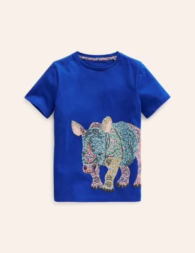 Mini Boden Kids' Appliqué Rhino T-shirt Peacock Plume Blue Boys Boden