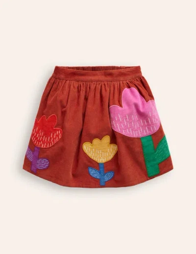 Mini Boden Kids' Appliqué Skirtroasted Chestnut Tulip Cord Girls Boden In Roasted Chestnut Tulip Cord