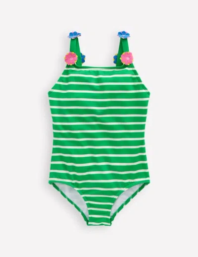 Mini Boden Kids' Applique Strap Swimsuit Sapling Green Stripe Hearts Girls Boden