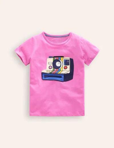 Mini Boden Kids' Appliqué Zip Detail T-shirt Strawberry Ice Polaroid Girls Boden In Pink