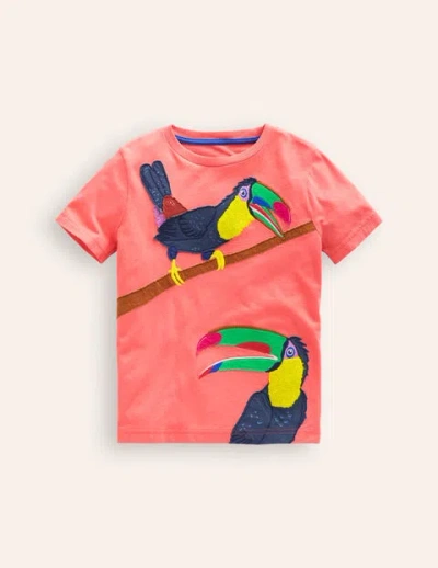 Mini Boden Kids' Big Appliqué Animals T-shirt Coral Pink Toucans Boys Boden
