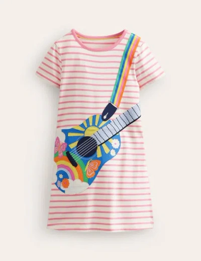 Mini Boden Kids' Big Appliqué Jersey Dress Ivory/ Salmon Pink Guitar Girls Boden