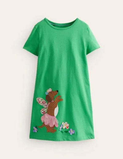 Mini Boden Kids' Big Appliqué Jersey Dress Pea Green/ Vanilla Pod Dog Girls Boden