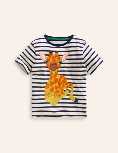 Mini Boden Kids' Big Appliqué Logo T-shirt College Navy/ Ivory Giraffe Boys Boden