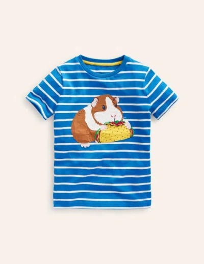 Mini Boden Kids' Big Appliqué Logo T-shirt Greek Blue/ Ivory Guinea Pig Boys Boden