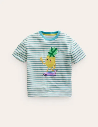 Mini Boden Kids' Boucle Relaxed T-shirt Ivory/ Aqua Sea Pineapple Girls Boden In Blue