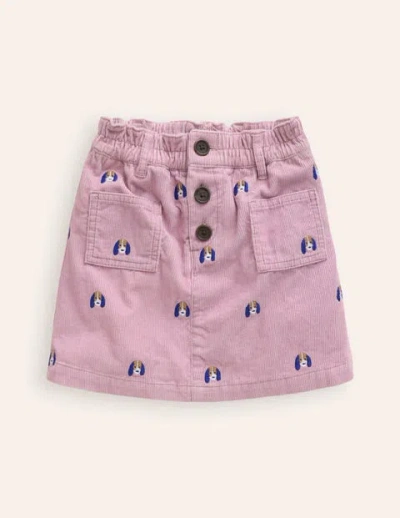 Mini Boden Kids' Button Pull-on Mini Skirt Zephyr Pink Pup Embroidery Girls Boden In Vintage Pink Pup Embroidery