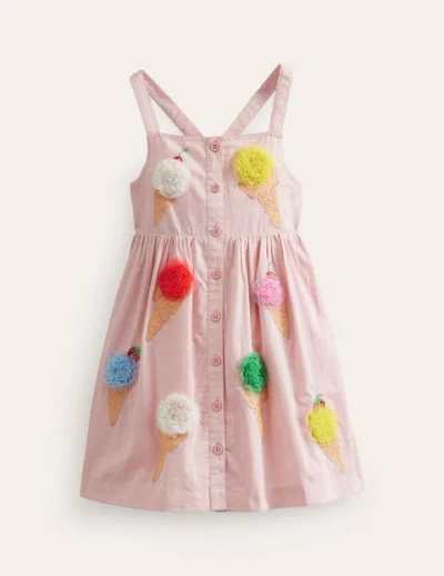 Mini Boden Kids' Button Through Logo Dress Ballet Pink Ice Creams Girls Boden
