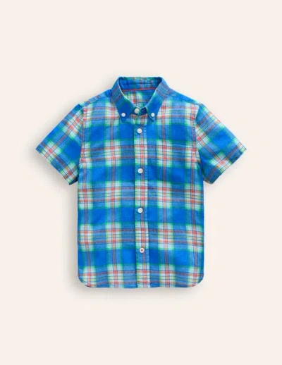 Mini Boden Kids' Cotton Linen Shirt Blue/ Green Check Boys Boden