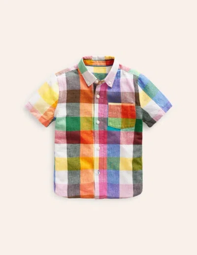 Mini Boden Kids' Cotton Linen Shirt Bright Neon Multigingham Boys Boden