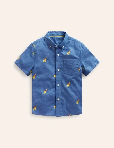Mini Boden Kids' Cotton Linen Shirt Chambray Giraffe Embroidery Boys Boden
