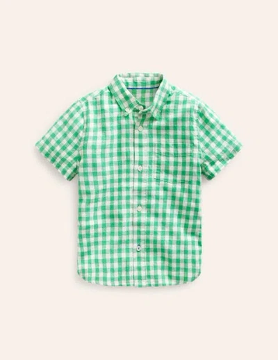 Mini Boden Kids' Cotton Linen Shirt Pea Green Gingham Boys Boden