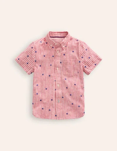 Mini Boden Kids' Cotton Linen Shirt Red Stripe Star Embroidery Boys Boden In Pink