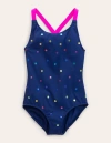 Mini Boden Cross-back Printed Swimsuit Navy, Rainbow Foil Confetti Girls Boden In Navy/ Rainbow Foil Confetti