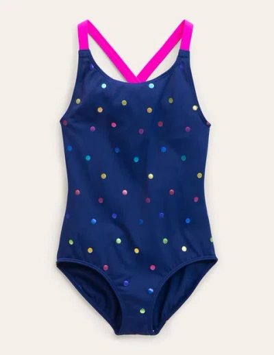 Mini Boden Kids' Cross-back Printed Swimsuit Navy, Rainbow Foil Confetti Girls Boden In Navy Rainbow Confetti Spot