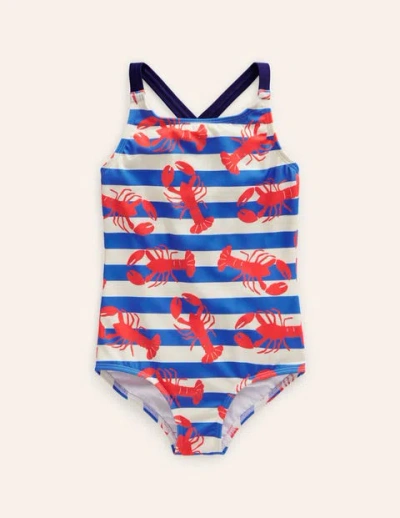 Mini Boden Kids' Cross-back Printed Swimsuit Pink Lobster Girls Boden In Multi