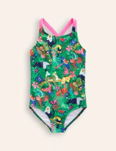 Mini Boden Kids' Cross-back Printed Swimsuit Spruce Green Rainforest Girls Boden