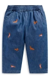 Mini Boden Embroidered Cotton Chambray Pull-on Pants In Blue