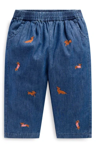 Mini Boden Babies'  Embroidered Cotton Chambray Pull-on Pants In Blue