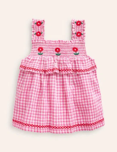 Mini Boden Kids' Embroidered Shirred Top Pink Gingham Girls Boden