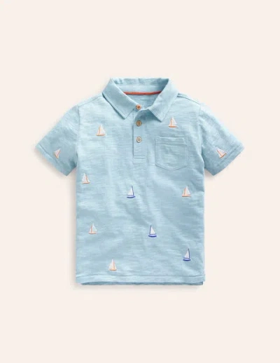 Mini Boden Kids' Embroidered Slubbed Polo Shirt Vintage Blue Boat Embroidery Boys Boden