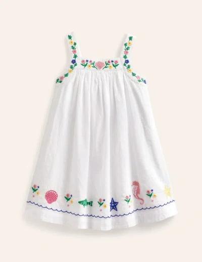 Mini Boden Kids' Embroidered Twirly Dress Ivory Reef Girls Boden In White