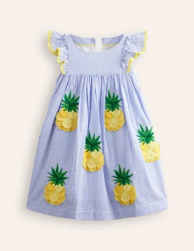 Mini Boden Kids' Flutter Fruit Dress Surf Blue/ Ivory Pineapple Girls Boden