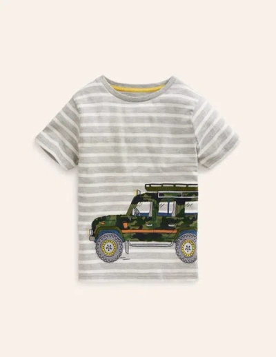 Mini Boden Kids' Foil Printed T-shirt Grey Marl/ Ivory Stripe Jeep Boys Boden