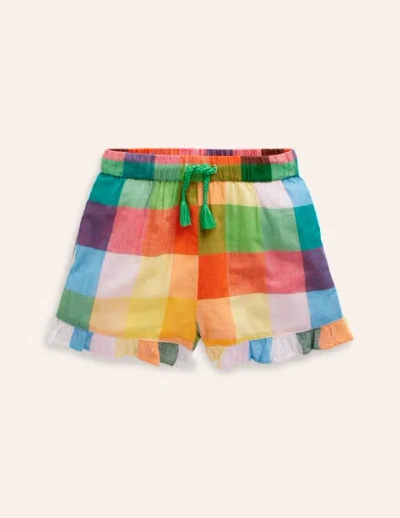 Mini Boden Kids' Frill Hem Woven Shorts Bright Neon Multigingham Girls Boden