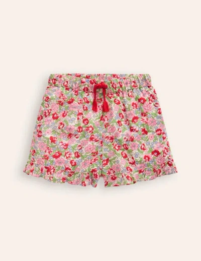Mini Boden Kids' Frill Hem Woven Shorts Bubblegum Peony Floral Girls Boden In Red