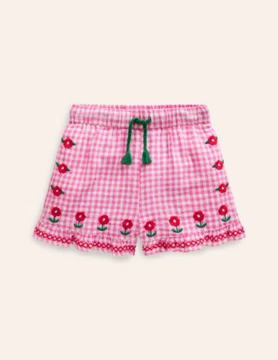 Mini Boden Kids' Frill Hem Woven Shorts Pink/ Ivory Gingham Girls Boden