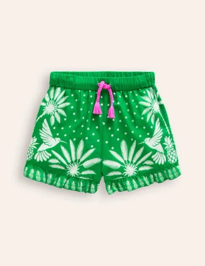 Mini Boden Kids' Frill Hem Woven Shorts Runner Bean Green Palm Girls Boden