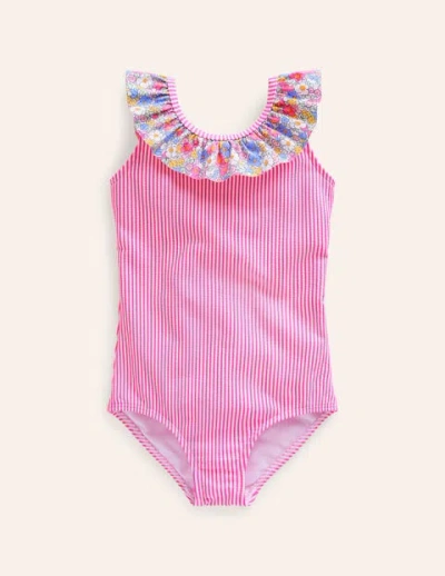 Mini Boden Kids' Frill Neck Swimsuit Festival Pink Ticking Stripe Girls Boden