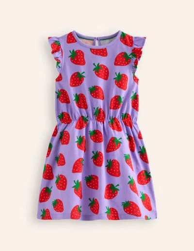 Mini Boden Kids' Frill Sleeve Jersey Dress Parma Violet Strawberries Girls Boden In Purple