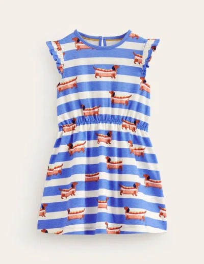 Mini Boden Kids' Frill Sleeve Jersey Dress Surf Blue Hot Dog Stripe Girls Boden
