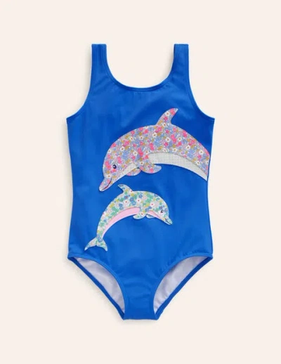 Mini Boden Kids' Fun Appliqué Swimsuit Aqua Blue Dolphin Girls Boden