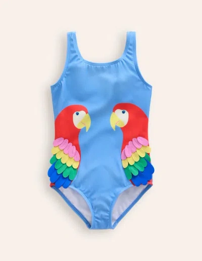 Mini Boden Kids' Fun Appliqué Swimsuit Vintage Blue Parrots Girls Boden