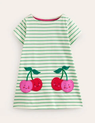 Mini Boden Kids' Fun Pocket Appliqué Tunic Ivory/ Pea Green Cherries Girls Boden In Multi