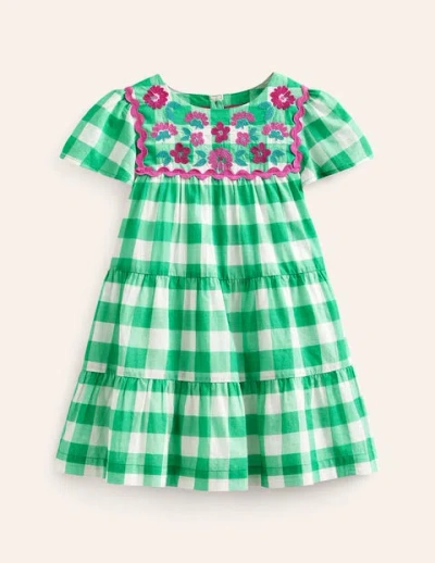 Mini Boden Kids' Gingham Embroidered Dress Pea Green/ Ivory Gingham Girls Boden